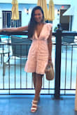The material is a little thick for summer but love the detailing of the sleeves and the skirt. Very flattering fit. The 2 buttons on the waist are hard to button. - Kim T.