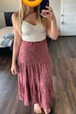 I was hoping I would like this skirt paired with the top more! It's a true medium fit, but it comes across as a little too prairie-life for me. This absolutely will be the right skirt for someone out there though! - Ellen P.