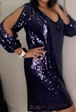 It looks nice and is holiday fun. I did "sequin shed" while I was changing in and out of it so it's been packaged back in plastic until I"m ready to wear it. It fits like a shift dress so you body shape doesn't really come through well. - Alexandra G.