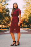 I ordered this dress for my graduation pictures and it fit perfectly! It is a very flattering dress and I love the see through lace in certain parts of the dress. I have a hard time finding clothing that fits me well because I have curves. - Hannah S.