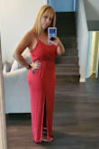 I have mixed feelings about this maxi. It's really not red, more like burnt rust? And the material is thin. It does show pantie lines, so beware. - Christine K.