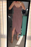 I initially wanted the dark green color but it was sold out. But I actually really love the mauve purple!! The length is perfect with a modest heel. It is a little tight in the bust area, which I was kind of expecting. I would still not go a size up, though. Overall, I'm really happy with how it looks! - Sarah K.