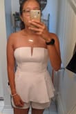 I tried this romper for my bachelorette, but just didn't love it as much as I did on the model. It's not really my style, was looking for something more boho. It is very cute though, heavier material and stretchy so very comfortable, def true to size. - Jaclyn H.