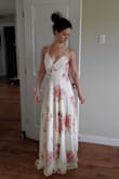 It is more beautiful than a could have imagined. The quality is fantastic.
4 inch heals and the length is just to the ground. It is so flowy and light
Wrap style is very forgiving and incredibly flattering.
Fabric does need to be steamed to get wrinkles out.
So excited to wear it on our special day. - Lynda M.