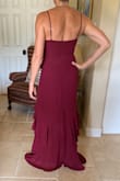This dress fits like a glove in the bodice and flows beautifully from the hips to the floor. The dress is plenty long!! It will be lovely at my sons wedding! - Romy G.