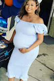 I bought this for my baby shower. I'm 38 weeks pregnant and I would usually order a medium but I ordered a large instead since I had extra inches around some places. It was really cute and comfy but the material really stretches so i think a medium would of been just fine. - Jennie B.
