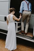 I ordered 15+ dresses from David's Bridal, Free People, Lulus and other sites looking for the perfect COVID wedding dress, and this was THE ONE! It was just the right combination of bohemian flowy style, comfort, and simple beauty. It fit me like a glove (I had the straps taken in a little to make it 100% perfect). Not only did I feel beautiful, but this dress was so comfortable that I rock climbed up in 95-degree heat to my ceremony while wearing it. And it still looked great when I got there. We only had 6 wedding guests but this dress was so wonderful that I am considering wearing it again for my bigger party when COVID is over. Based on online pictures, I did not think this would be my first choice, but it was!! One last note, it was a little long for me with flats or short heels, but I didn't mind. If you are 5'6' or under you may choose to get it hemmed. - Lisa B.