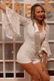 Super comfortable and fit perfect on the bottom but the top portion of the outfit needed to be taken in a little as it fit loosely on the shoulders and deep V. It was so beautiful though and great quality! - Shelby R.