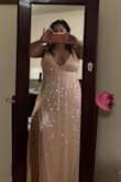 This dress fits amazing! Even with my busy size, no bra necessary (and the girls aren't as perky as they used to be!). It's gorgeous and I can't wait to wear it out! - Stephanie M.
