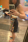 It's a great, thick material with beautiful print. I can never get skirt sizes right here - between S and XS with a short torso. I think my waist is 27", and the S just had too much space, but I'm exchanging for an XS! Hopefully, that's not too small... bit longer than I expected too, but I'm 5'2". - Sofia S.