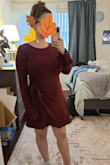 I ordered this dress to wear to a wedding but I'm sending it back. The shape of the dress was not very flattering on me. I think it is cut too high in the neck and the waist part isn't hitting right on me. Also the sleeves are much too long. The frilly bits on the back may be visible from the front in photos, and I was worried it would look like bits of fabric in my armpits. The fabric is nice, and it is soft so I'm bummed it didn't work. - Amy P.