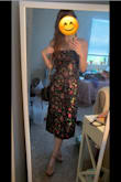 Normally I order XS in lulus dresses but since this one is a no-stretch fabric I ordered XS and S. The XS works well (a little tight around the rib cage but works fine since it's strapless) and the S was a poncho on me, it was way larger than the XS. The fabric is thinner than I expected (no inside lining) but the embroidery is beautiful. The dress is very snug around my waist and looser around my hips, which I prefer. looks very classy and elegant, length is to die for. Definitely midi, longer than I thought it would be from the photos. Can't wait to wear it! - Kacie J.