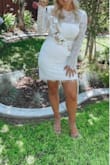 This dress is gorgeous on! I wore it to my bridal shower and got so many compliments on it. It's a tighter dress with hardly any stretch but the small fit perfectly on me. I'm usually between small and medium. The length is perfect! Not too short but not too long. - Courtney S.