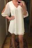I wore this for my rehearsal dinner, it's so flowy and comfortable. But also still flattering. Something to keep in mind, it is slightly see through, but with nude undergarments you shouldn't have a problem! - Mariah L.