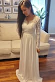I ordered this for an all white wedding in December. The dress is really pretty in person and appears as a brighter white color than pictured. The material was slightly heavy on the bottom and very flowy. The main issue for me was the bust area appears pointy due to the way it was sewn. The XS size also runs a bit big, as I had at least 2 inches on each side that could be taken in. - Melissa R.