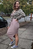 I'm usually a medium/8 ...probably could have gotten away with a medium but I wanted a slightly looser fit since this is a body on dress. It's sooo cozy, the material is thick and feels great, and I love that the pattern breaks up lumps/bumps. I wish they had this in more colors!! - Jordan I.