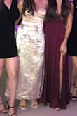 Wore for a wedding and paired with the buster top! The perfect satin like skirt! The slit does not flip open at all! Wash at delicate, the threads can come loose easily! - Kathy H.