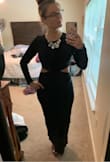 For starters, this dress came so darn fast!! The material is amazing, thick, stretchy. I have the body type where I'm smaller structured on top, and all hips/butt/legs. So I think the fit issue with this dress might actually be my body. I'm considering order down to a Small, to see if that helps the gapping issues. Right under my chest, the dress doesn't sit against my body, and then there's some gapping/bunching at my spine where the dress connects in the back. From the pics I thought this dress was going to be mid calf length, but it ended up being ankle length. It's a super comfy dress, and flattering, if it didn't bunch and gap where the cut outs are. If I order the next size down, I'll update!
**UPDATE! Got the size small and it's perfect! Beware though both of these dresses the zipper has been HORRIBLE. Where the dress gets thicker right in the middle of your back it legit will no go up. I had to zip it above this spot and put the dress over my head to get it on. But once it's past that spot its good. - Kathryn G.