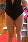 This suit was perfect on the top half. Smooth material, comfy, sexy. BUT the bottom. It was way too skinny in the front AND back. I don't understand why so many swimsuits are cut this way now. Please explain to me why I would want to show off the edges of my crotch area in the front.

The coverage in the crotch area looks totally acceptable on the model. But that is not how it looked on me. So frustrating. Plus, the way the bottom was cut in the back was not flattering. I don't mind a bit of cheekiness, but the angle was just weird. - Chelsea P.