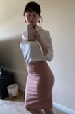 Way more soft and stretchy than I thought. My butt and thighs are big and this stretched over them with no problem and was very flattering. I wouldn't size up because it's still easy to walk and the waist was perfect with some stretch left. Zipper was very easy. Pink was as pictured and looked good on pale skin. Can't wait to buy more colors! - Katie B.