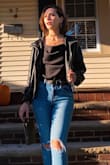 Jacket fits like traditional bomber jacket, very comfortable to wear with a sweater/layers. Generous pocket space and is just cropped enough so it still looks good with high-waisted jeans. - Melissa M.