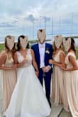 You can't really beat this dress. As a bridesmaid you already have some costs involved and this is a beautiful, flowy dress that flatters all bodies, doesn't break the bank and you won't feel bad when the bottom gets gross after a night of dancing. I (LEFT) am 5'8" and wore 3-3.5 inch heels and didn't have to alter the bottom. I altered the top--there is a bit of extra fabric on top and you will look likely need to tighten the straps. I am in another wedding in February and just bought the same dress, but in green! Oh and the slit, is fire. - Elizabeth K.