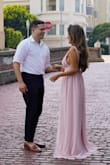 We needed a photo for our wedding website, we had to reschedule our original photos for the next month. I bought this beautiful dress, gave me 'greek goddess vibes'. I'm 5'2 so it was a little long for me, I didn't have time to tailor it, but it still looked beautiful. The cleavage was a little out there, so fashion tape and a sticky bra is your best friend!! - Lisette S.