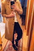 Def runs a little large but I think that's what the look is going for, like "oversized".
You can wear it with dressed up with boots/heels or casual with sneakers. Just make sure to iron it once you get it out of the box otherwise it's super wrinkly and looks awful. Not sure how much I'll wear it in winter though, because it looks way better hanging open than buttoned up. Regardless, great for the price and a good closet staple. - Maggie L.