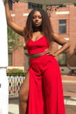 I ordered this outfit for my birthday, and I absolutely loved it to say the very least! While I was taking these pics multiple people stopped to compliment the outfit. The color goes so beautifully with my skin, and the slits on each side of the pant's legs were such a sexy touch. For someone my height I would probably recommend wearing some sort of heel, as it'll drag a bit if you don't. Other than that, solid 10/10! <3 - Josie W.