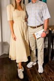 Got for my Halloween costume to be Jenny from Forrest Gump. I had to wear the thinnest bra I owned and it still almost gaped at the buttons. Cute fit. Long on me and I am tall so if you're shorter something to be aware of. If you're chest is any bigger than mine this may not fit you. - Olivia H.