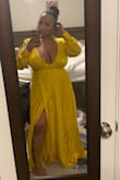 I absolutely LOVE this dress!! It makes me feel elegant and sexy at the same time! Beautiful fabric and the sleeves are amazing! Ordered a large. I'm 5'4, about 180 (just had a baby) and a 36G bust. Didn't wear a bra or fashion tape with dress. - Michaela R.