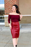 This vegan leather skirt is perfect to take from work to happy hour! This pencil skirt is also perfect to wear for the holidays! Runs slightly small, but so happy styling this entire look! - Jennifer S.