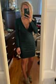 I'm SO happy with this dress!! I felt beautiful in it, it fit perfectly, the fabric is a little bit thicker which I like and it was very comfortable.  The color is an emerald green like the pic. There is a flattering seam at the waist. The front is low, but I was able to wear a normal bra with it just fine (but I am a little chesty). The shoulders have just the right amount of point to them. I would 100% recommend this dress!!! - Jessica H.