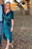 This dress is a true wrap dress so it could fit anyone! I would size down if your in between sizes since you make it a loose as you want. 
The color is so rich and the fabric was a great weight and quality. - Melissa S.