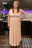 This dress has a flattering a-line fit to it but the color is more peach than pink blush. It's not the most forgiving color for a very fair skinned person such as myself but overall it's very pretty! It is a little short for me but I like long maxi dresses to touch the ground! - Katelyn N.