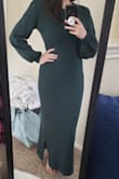I was looking for a fitted long sleeve dress for winter. I went a size up so that it would be more forgiving on my winter bod; it feels a little loose but I think it still looks good. Material is stretchy, soft, and warm. Color is a nice deep green. The title suggests this dress is a midi dress, but as a short person, it ended up being more of a maxi dress. I may end up hemming the bottom. - Tiffany P.