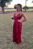 Was extremely long for my height despite heels. Hemmed it myself with sticky iron hemming tape, which worked perfectly! Many compliments & super flattering. Love this jumpsuit!! I wore this bra- less. One of the spaghetti straps did pop by the end of the night but hoping it is an easy fix. Straps were adjustable and the tie back helped it fit flush with my body - Karli C.