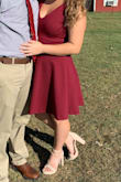 I've worn this dress on several occasions (usually as a wedding guest). I the material is thick and comfortable. Only complaint is the stitching at the V in the bust started coming loose and you could see the threads so that needed a quick fix but other than that a very quality product and is very flattering! - Angelina S.