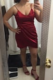 The color of the dress in person is actually a deep, wine red. It is so beautiful in person! It does fit a little loose, so if you want a tighter fit, size down. I ended up exchanging for a medium. Even with the medium, the straps were a little loose (and I have a relatively large bust), so I ended up getting the straps shortened at the tailor. Probably not an issue if you have a long torso, but if you are short and curvy like me, may have the same issue! Overall, would definitely recommend it! - Lein S.
