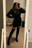 The sweater dress worked perfectly for my Thanksgiving this year! I wore it with over the knee boots and a thin black belt, and it looked great! The sweater material is soft and thick enough that I didn't need a layer underneath. It hit at the mid thigh on me, the sleeves hit right at the wrists. It has a slightly baggy feel to the sleeves, but I thought it looked perfect when I pushed them up a bit. - Alexandria H.