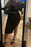 This 2 piece is super cute! I got my usual size large and was happy I did. The top can feel a tiny bit small in the arms and bust area especially once I put a bra on but I wouldn't size up. I'm about 165-170 pounds 5'3 and 36D for reference. The skirt doesn't completely suck in your tummy but it works just fine! Def recommend! - Olivia L.