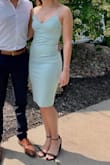 Such a cute fit. Just passed the knees with a slit up the back and dainty straps! I got so many compliments and felt so comfortable wearing it. I wore cups as the front is a little low for a strapless bra, but in all honesty you could go brakes!! - Kristen B.
