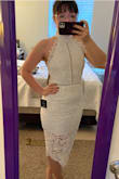 It's me. I had little faith I could squeeze my 43" hips into a medium. But wow! It had just enough give to work, and my smaller bust fit perfectly in the medium. Could I sit down? No. Did I almost have to be surgically removed from the dress? Yes. Did it look incredible? YES. - Morgan P.