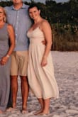 I absolutely loved this dress. I bought it after recently becoming engaged for my fiancé's family portraits. The fabric is heavy but does not weigh the dress down. I was worried that the cream color would wash me out but it was perfect! My bra size is 38C and did not wear a bra. The zipper was a little tricky and I needed help to zip but, but beyond that everything was incredible. The straps adjustable and there's a built-in slip so no worries about underwear showing! If you are on the fence, buy this dress!! - Sarah M.