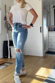 Sooooo hard to find jeans that fit my body type. I'm 5'3, no torso, bubble booty, so high waisted mom jeans rarely work out. I like these a lot. Super comfortable. I do roll them up on occasion depending on the shoes. Starts off tight in my butt but a little baggy in the waist by the end of the day. That's my only complaint. I wasn't sure if I should order a 1 or 3. Glad I ordered the 1! - Erika U.