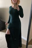 Gorgeous color. Works for short heights! The slit can be as subtle or dramatic as you want. Material is thick and warm. Very stretchy, I'm bloated after stomach surgery in these pics and it hugged my curves perfectly and made me still feel confident. - Katie B.