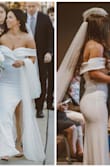 Funny story. I went to a bridal boutique almost a year before my wedding. I did the whole, "I said Yes!" thing. I bought an expensive wedding gown. (Did I mention non-refundable)? As time came closer to the wedding, I hated it. All I could think was how the dress I wore for my engagement photo's, (which was THIS dress in blue/gray), was so much prettier. So I did the unthinkable. I ordered this dress (again) but in white for $75 (w/ coupon code). And when I put it on, it was THE dress. You couldn't even tell that is was WAY less costly than my true wedding gown. It was stunning. I paired it with an extra long veil to add to the bridal look. No one even noticed that it was the same style dress I wore in my engagement photo's. If you're on a budget and getting married -- get this dress. Take it from a girl who bought an expensive gown and left it in the closet on her wedding day for THIS dress. (I included a picture of the blue/gray one I wore for my engagement photo's). - Jess R.