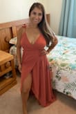 This dress is a beautiful! But being a busty girl it shows a little more than I'm comfortable with but I used fashion tape to kind hold it in place. I learned my lesson to size up when it comes to wrap dresses. I ordered this dress for a photo shoot wish me luck lol. For reference I ordered a medium but I should of got a large to help cover the front. - Shelly L.