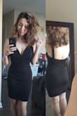 I'm about 5'3" (my waist and hip measurements could be wrong) and the hem in size S came down longer on me than on the model in the photos. It was still above the knee, but not quite a mini. I decided that was okay because I plan to wear it dancing and it's better if it's not constantly riding up, but it has a slightly different look than I imagined. I loved that I didn't need to wear a bra at all and my cleavage still looked great, without feeling like I'm gonna pop out. Material is thick, but I'd still recommend trying to avoid panty lines as it is a form-fitting bodycon dress. Overall, my favorite LBD I have owned thus far. - Em T.