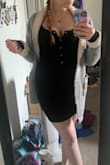 Cute dress, form fitting and does ride up a bit while sitting. - Brittney G.
